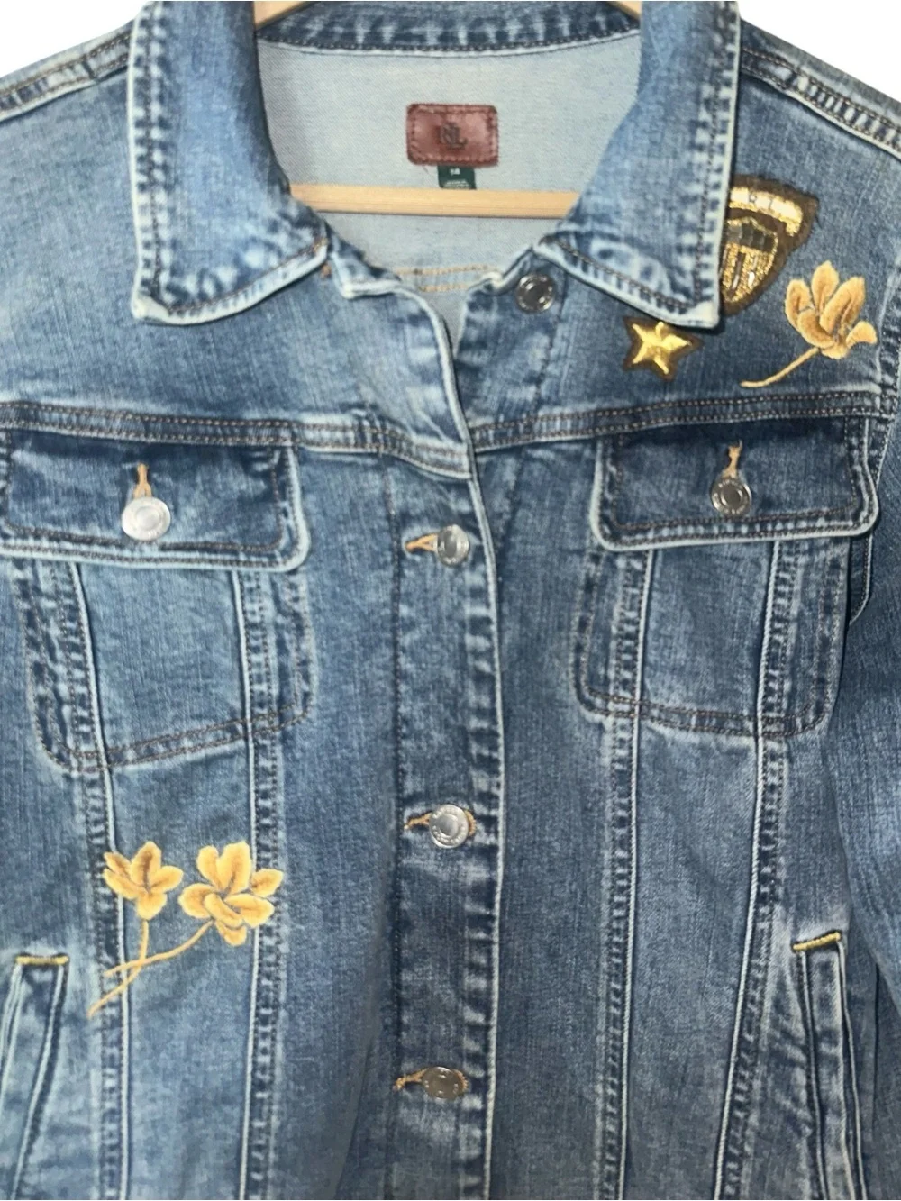 Ralph Lauren Denim Military Star Embroidered Flower Collector Jean Jacket Sz 14 - Picture 6 of 12